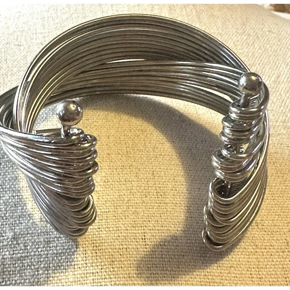 Silver Tone Multi Wire Wrap Cuff Bracelet Wide Open Crossover Statement